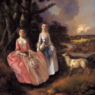 An image of an oil painting by Thomas Gainsborough, it depicts the Cobol's with silk dresses on. One holding a lamb and a ewe entering from the right. They are stood next to a tree within a landscape.