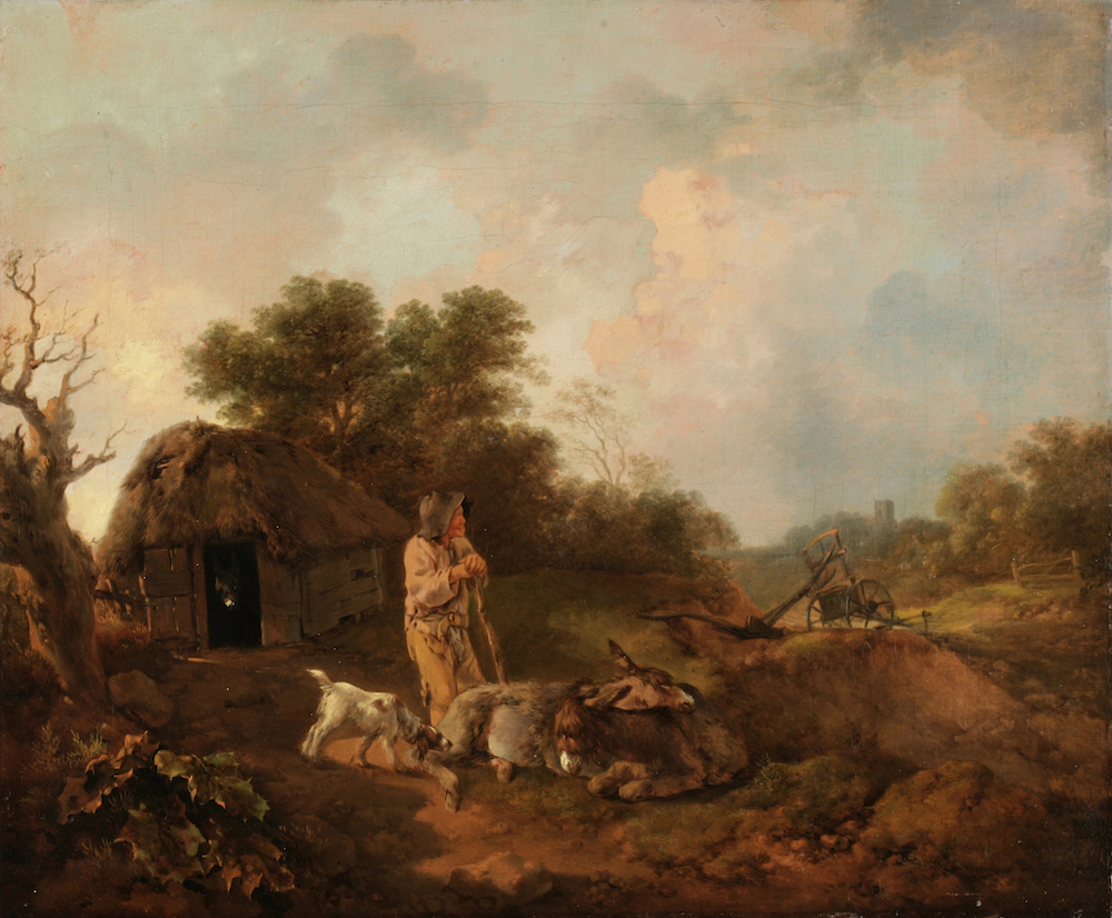 An image of an oil painting by Thomas Gainsborough, it depicts a herdsman with two sleeping donkeys and a dog beside a hut within a landscape.