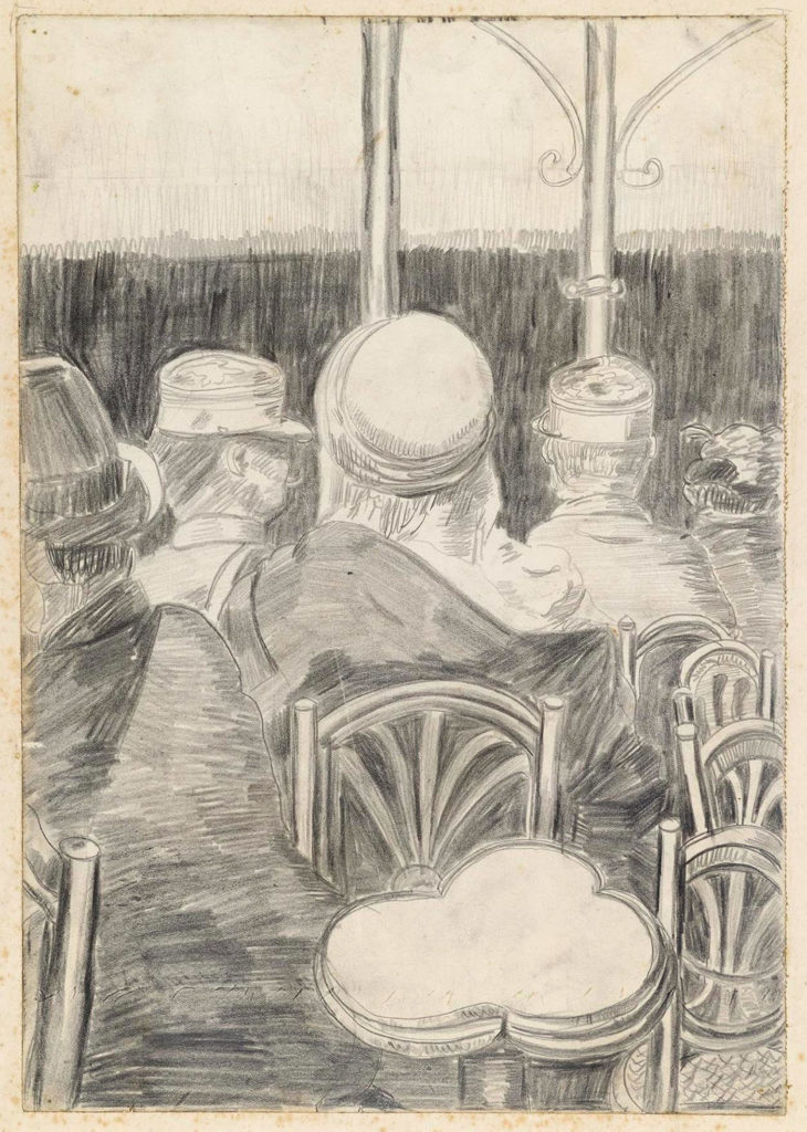 A sketch of the inside of busy cafe by Cedric Morris