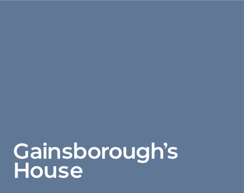 The Gainsborough's House logo. A landscape ratio rectangle with a light, slate blue colour is accompanied with white typography within.