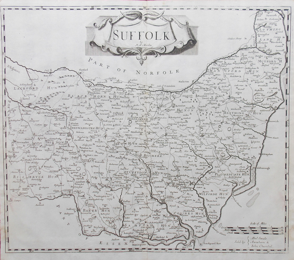 An image of a map of Suffolk c1722. The map is black and white and depicts the main towns and districts of Suffolk.