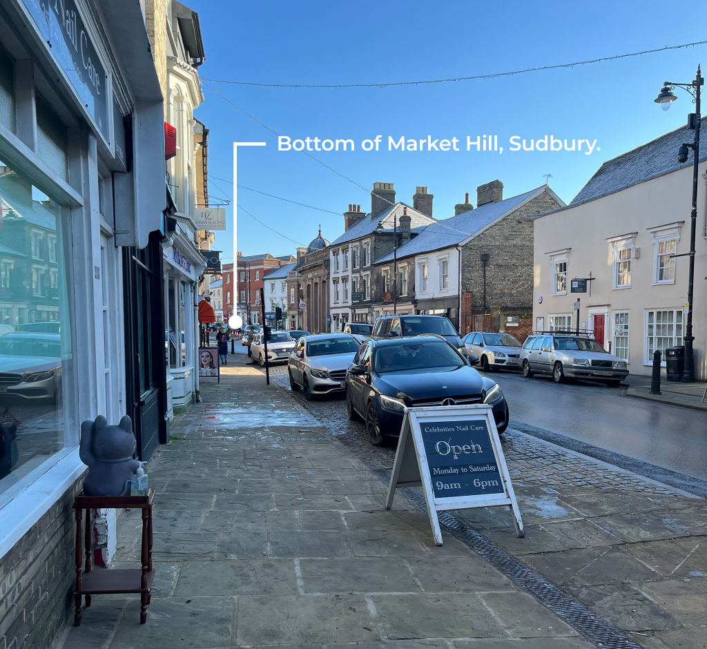 An image taken outside the Gainsborough's House shop. It depicts the few bays of parking available to visitors, particularly blue badge holders.