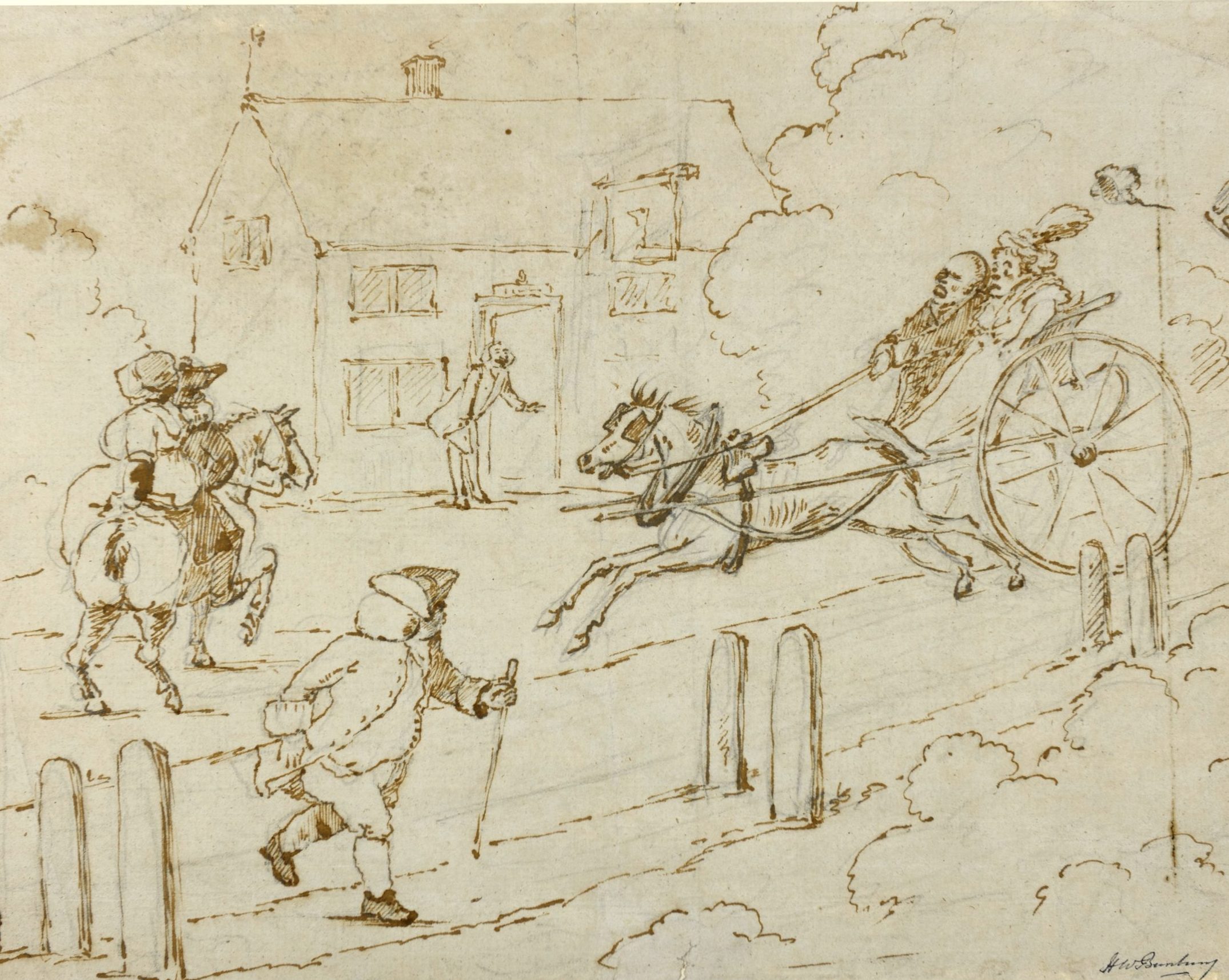 An ink drawing by Henry William Bunbury. It depicts a person on a horse jumping over a fence a person watching and a large house in the background.