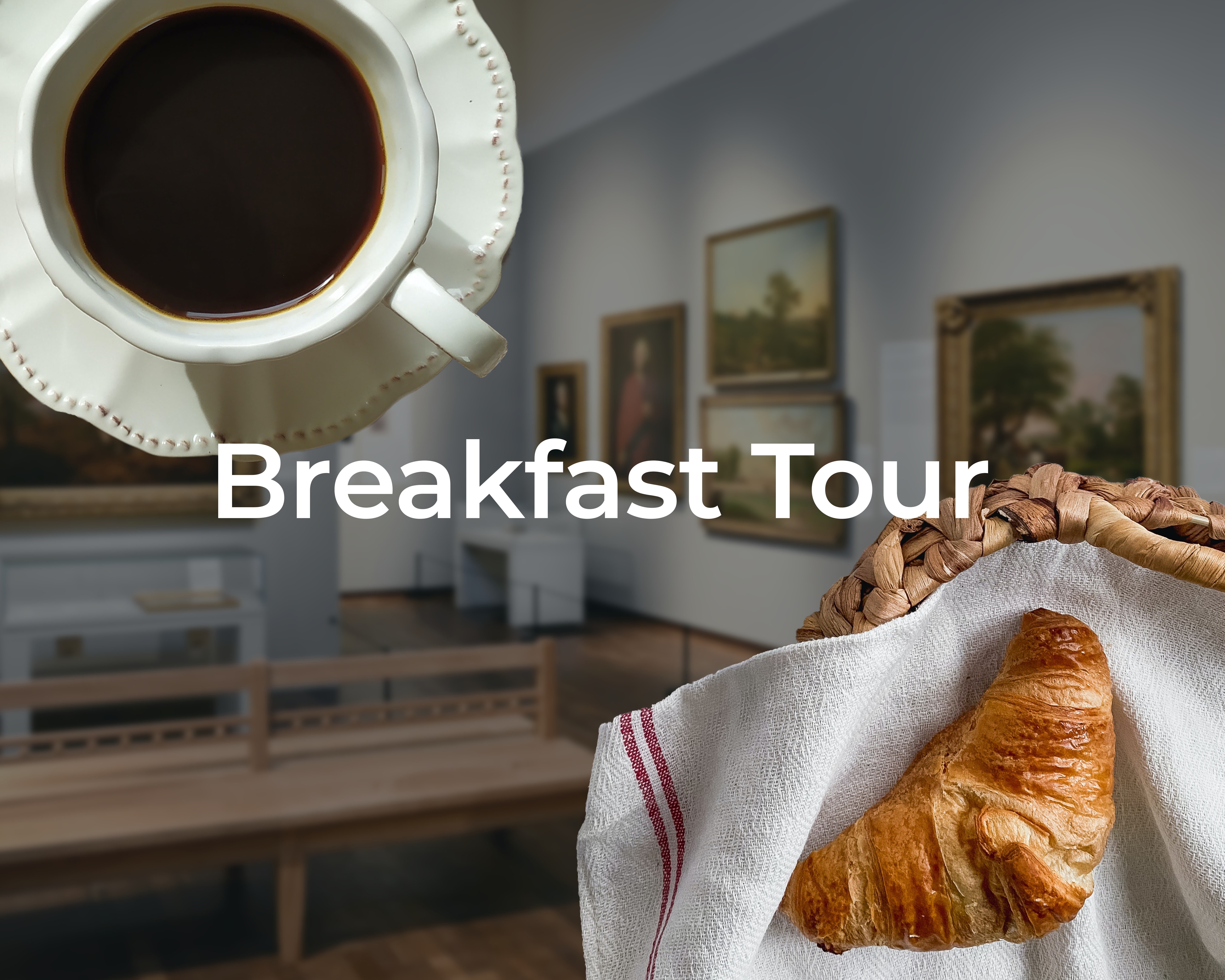An image of a croissant in a basket with a cup of coffee to the left of it. There is an image taken of the Woburn exhibition in the background. There is overlayed text which reads: Breakfast Tour