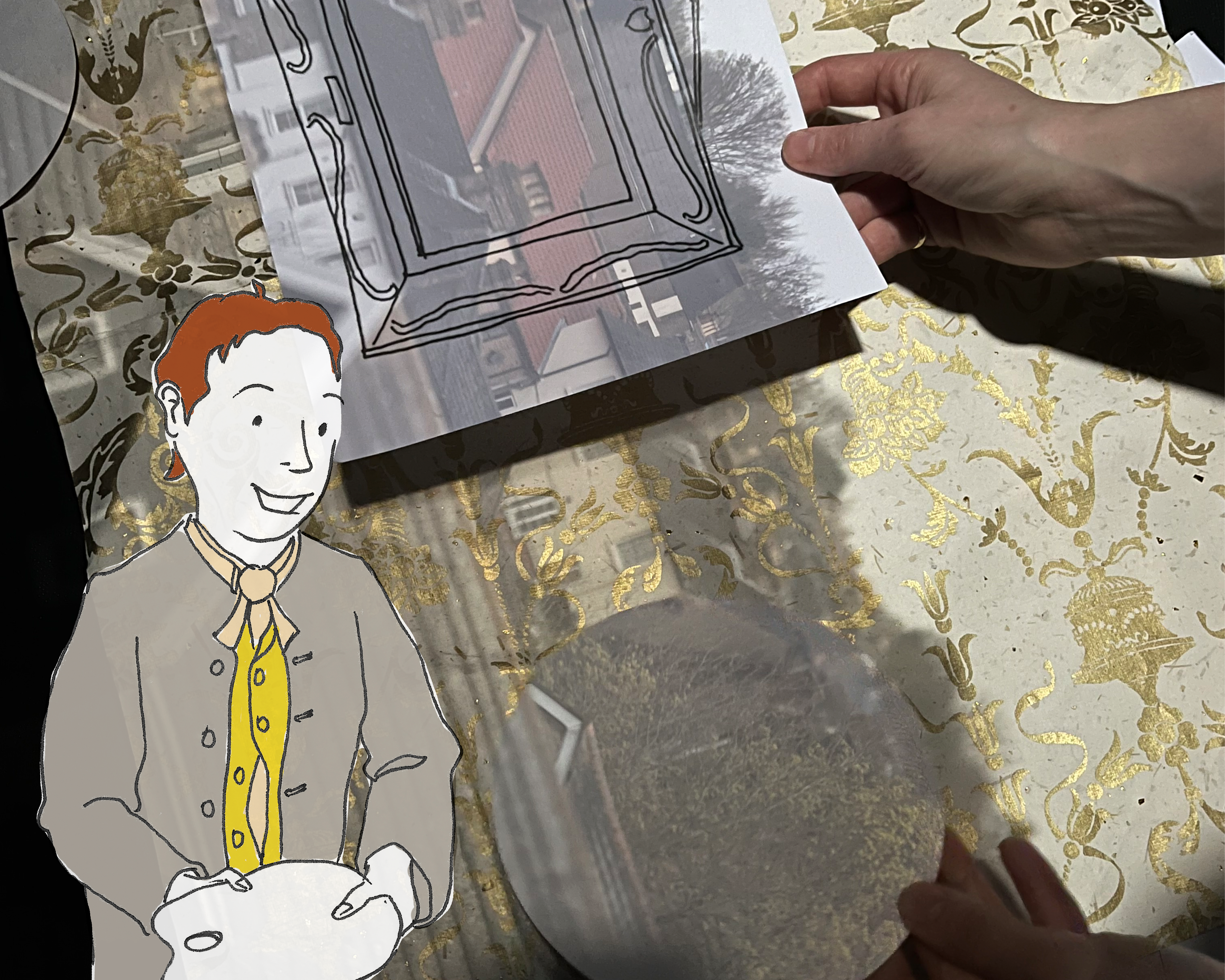 An image of two people holding resources up to the Camera obscura image projection. There is an overlayed illustration of Thomas Gainsborough's character to the left holding a paint palette.
