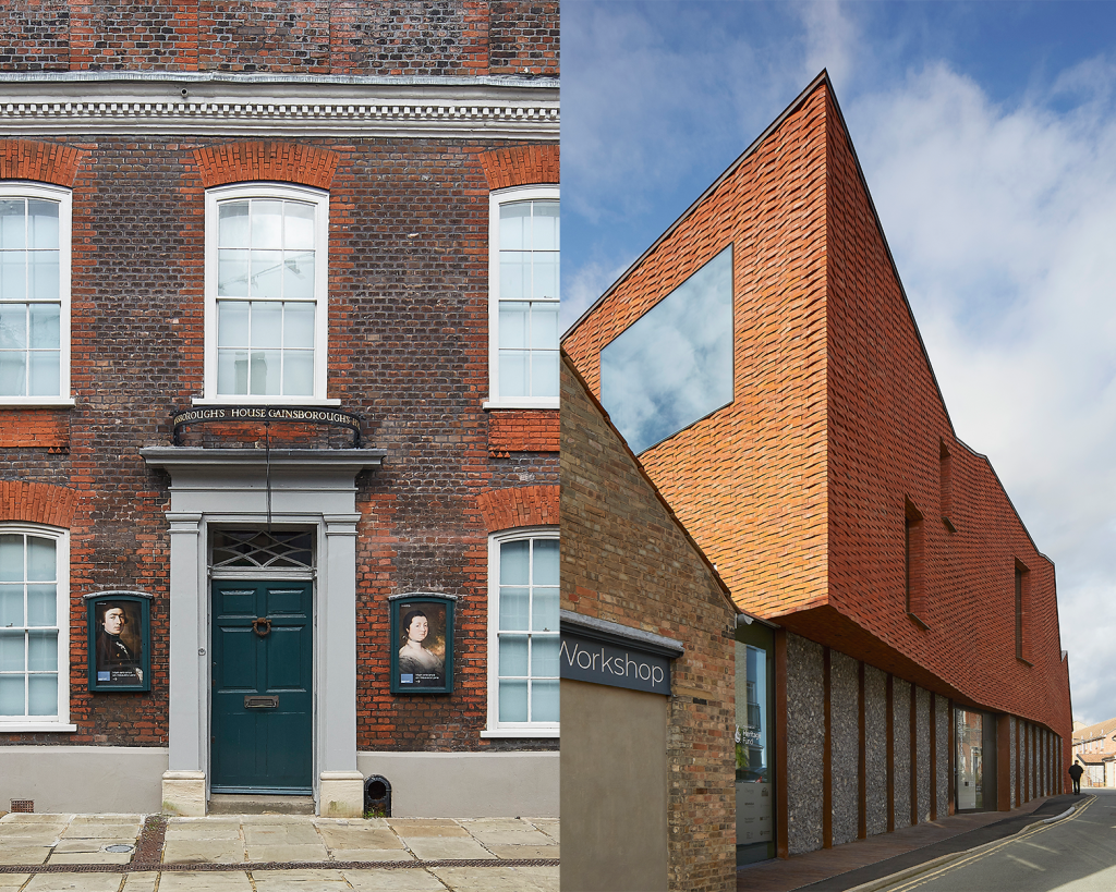 To the left is an image of the old Georgian Gainsborough's House. To the right is an image of the new galleries and entrance to Gainsborough's House. A large modern building with red-birck façade.