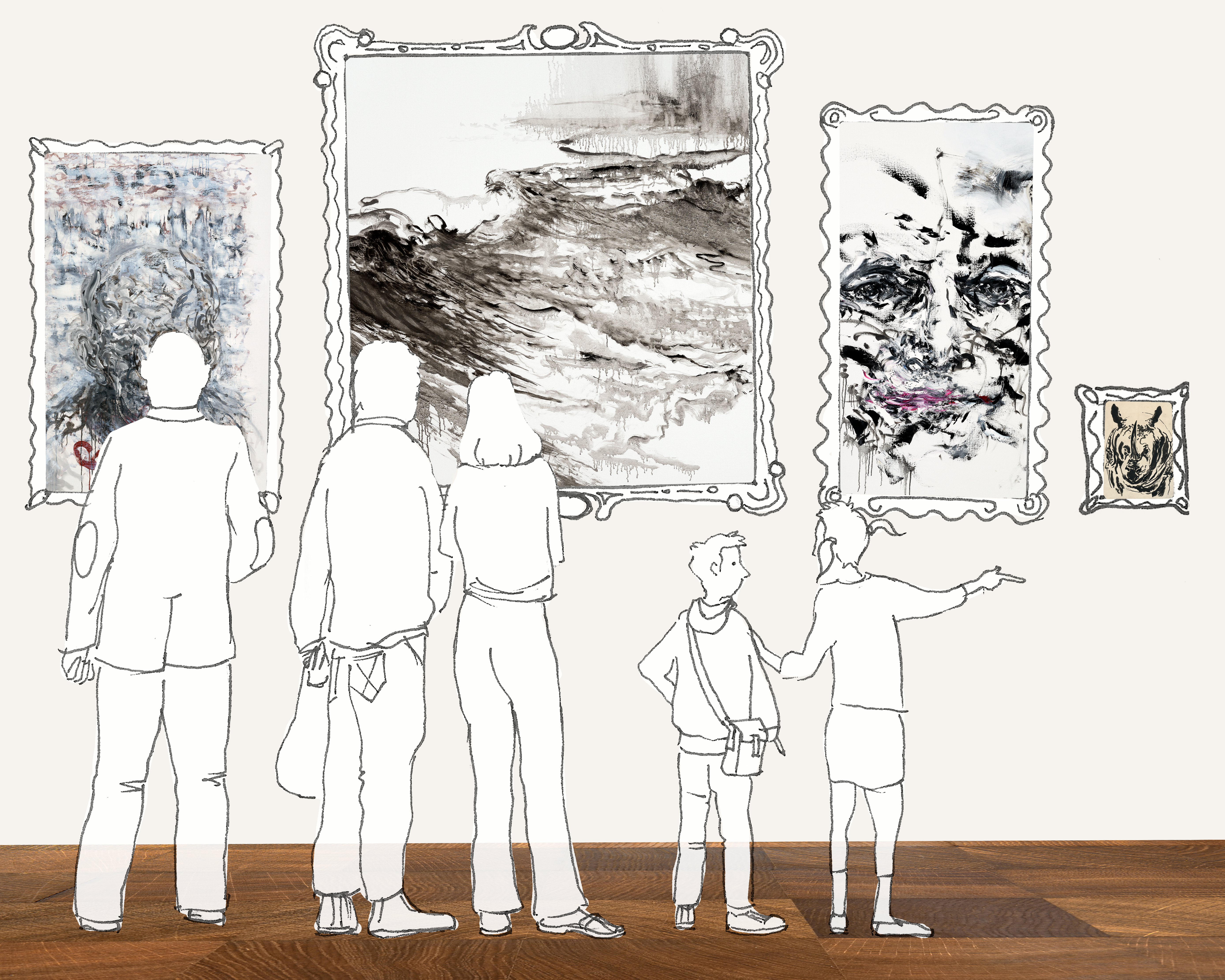 An illustration of 5 people admiring art in frames on gallery walls. The artwork are details of Maggi Hambling's work from the exhibition; origins.