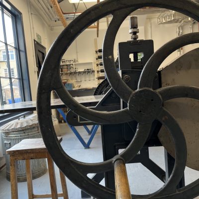 An image of one of the presses in the Print Workshop at Gainsborough's House, Sudbury.