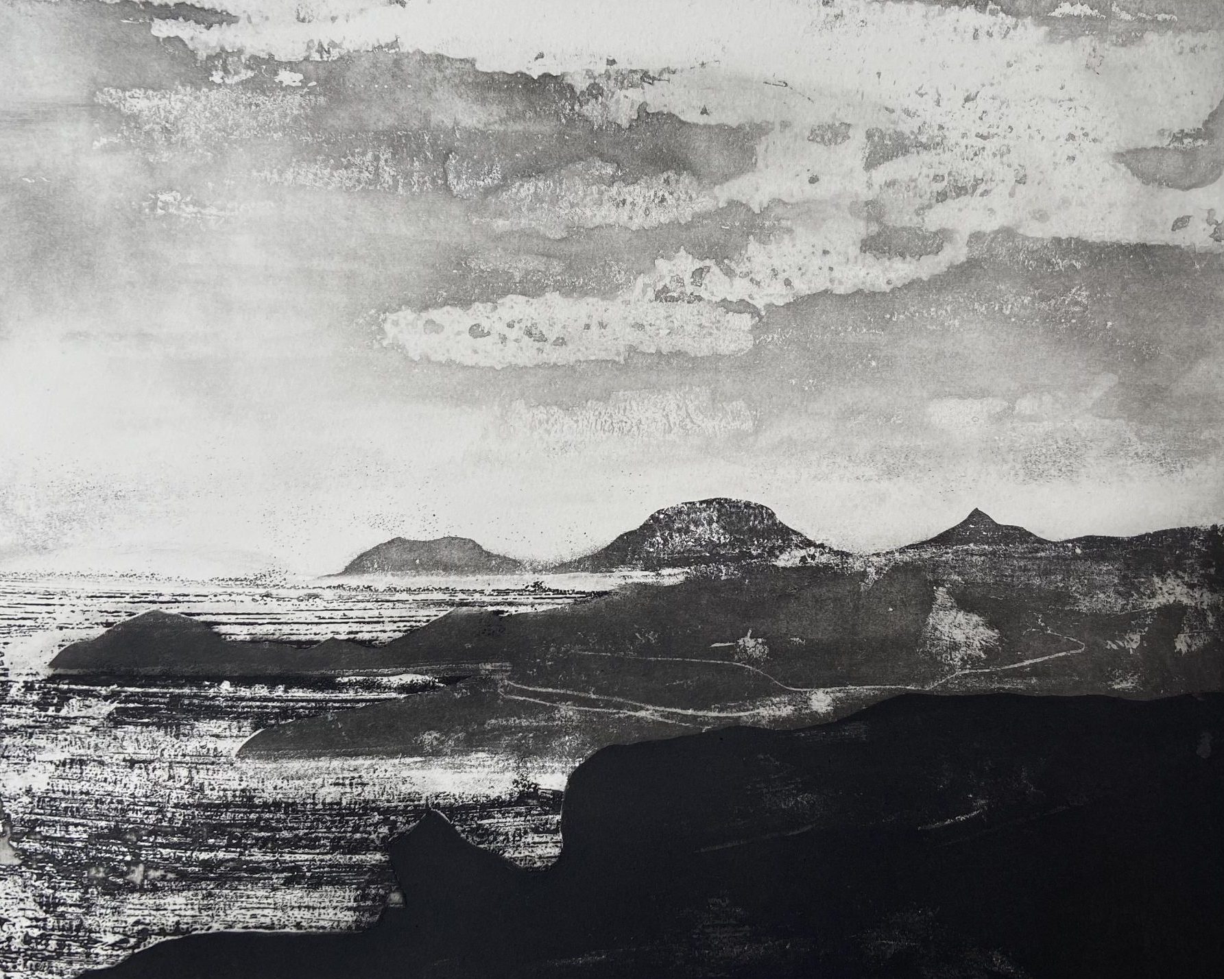 An image of Jason Hicklin's etchning print. There are large rock formations in main focus, clouds and choppy waves of the sea below.