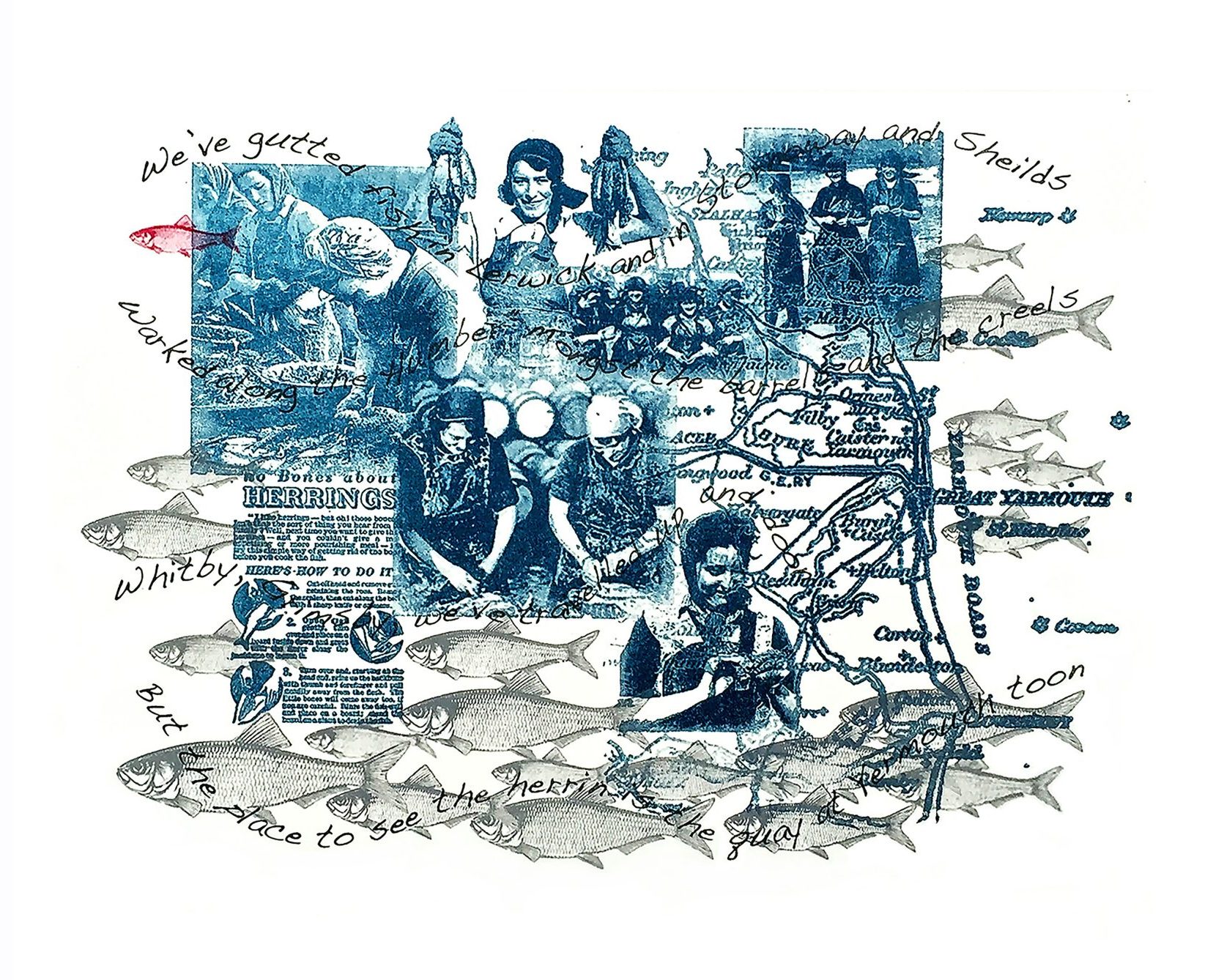 An image of a print design. There are various overlayed images and ephemera on the page. The main colour scheme is blue and the overall art theme is nautical.