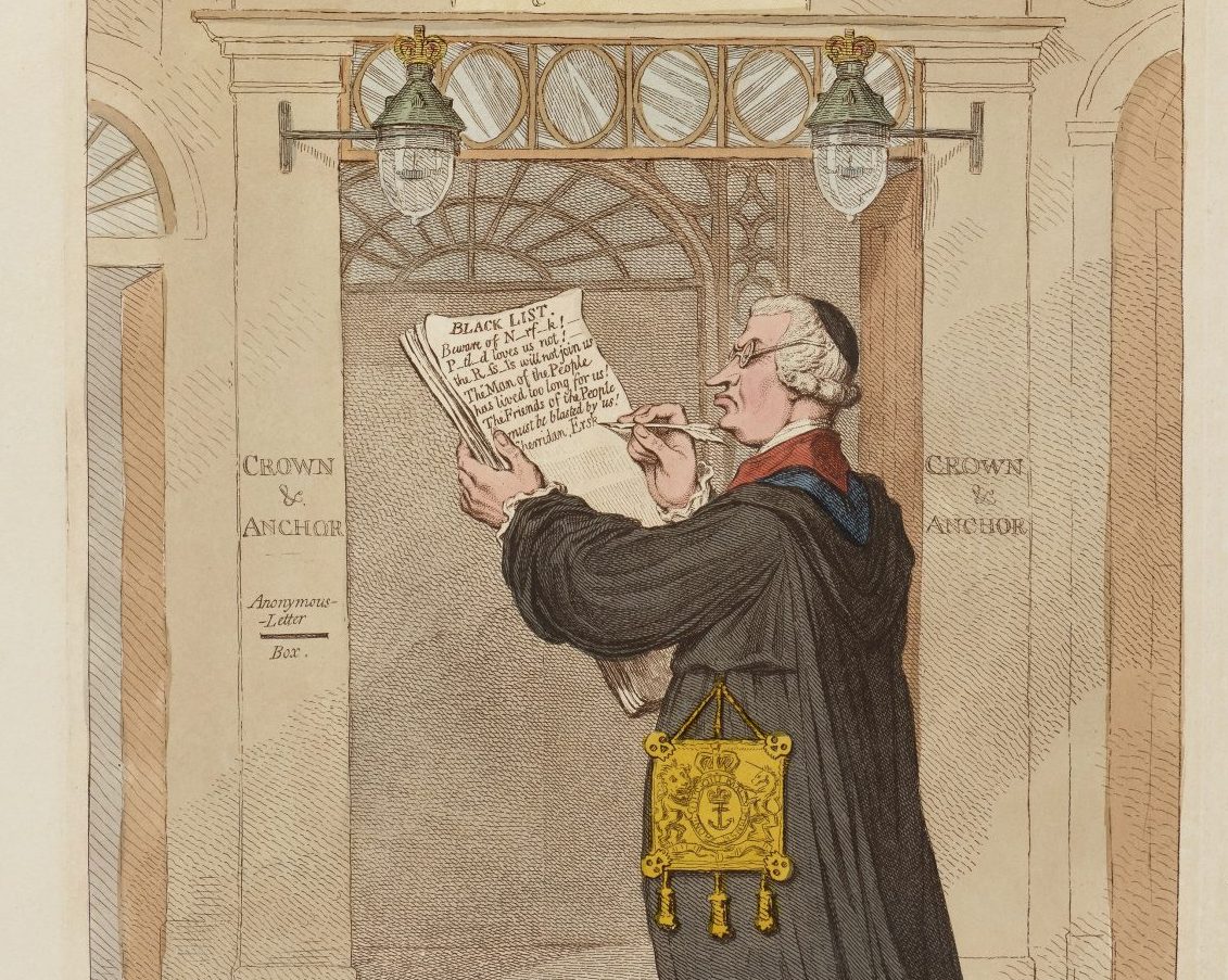 A print by James Gillray of a monk holding up a script towards a door.