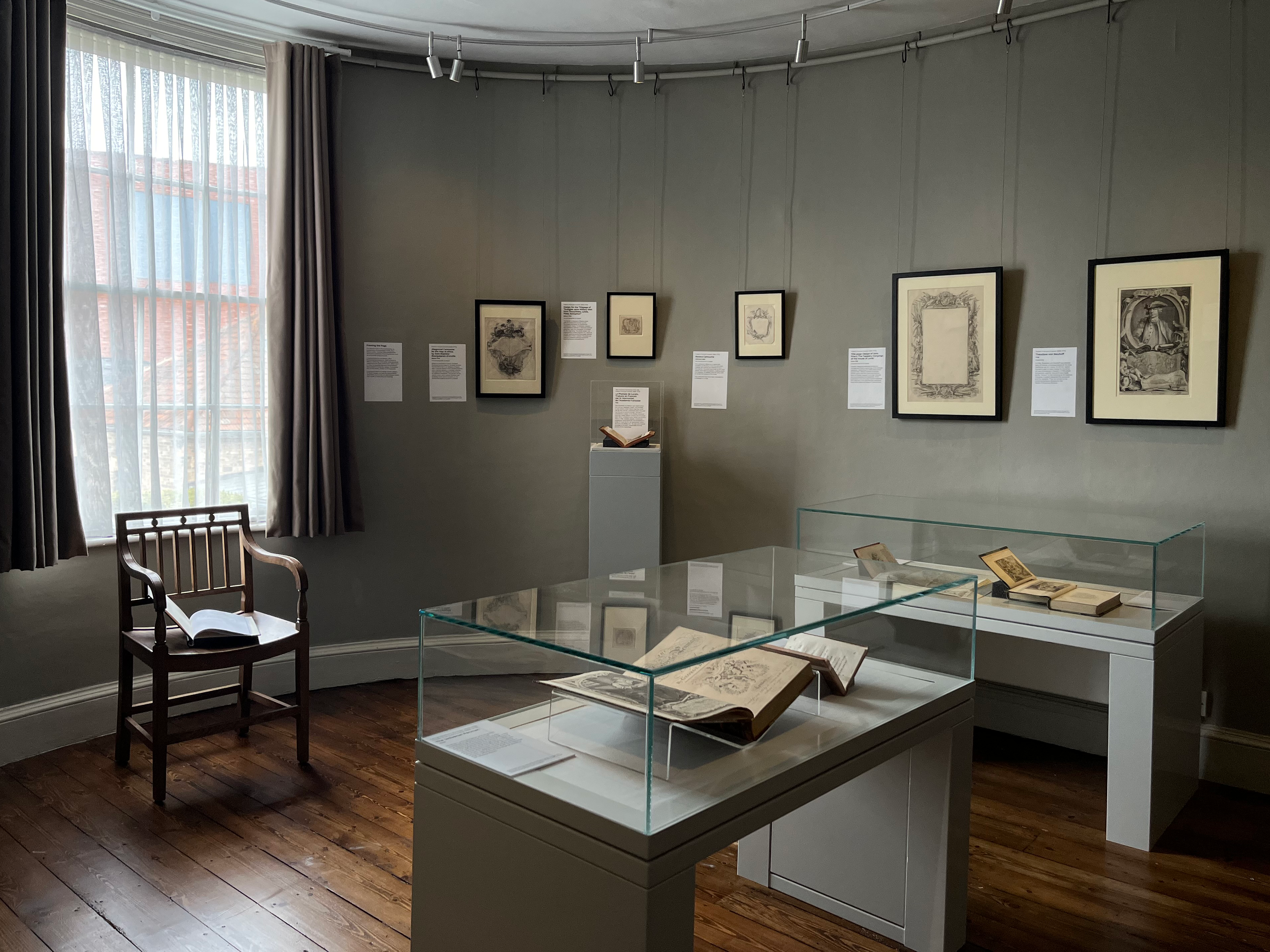 An image of the Hubert-François Gravelot: Designing the Georgian Book exhibition in the David Pike Drawings Gallery at Gainsborough's House.