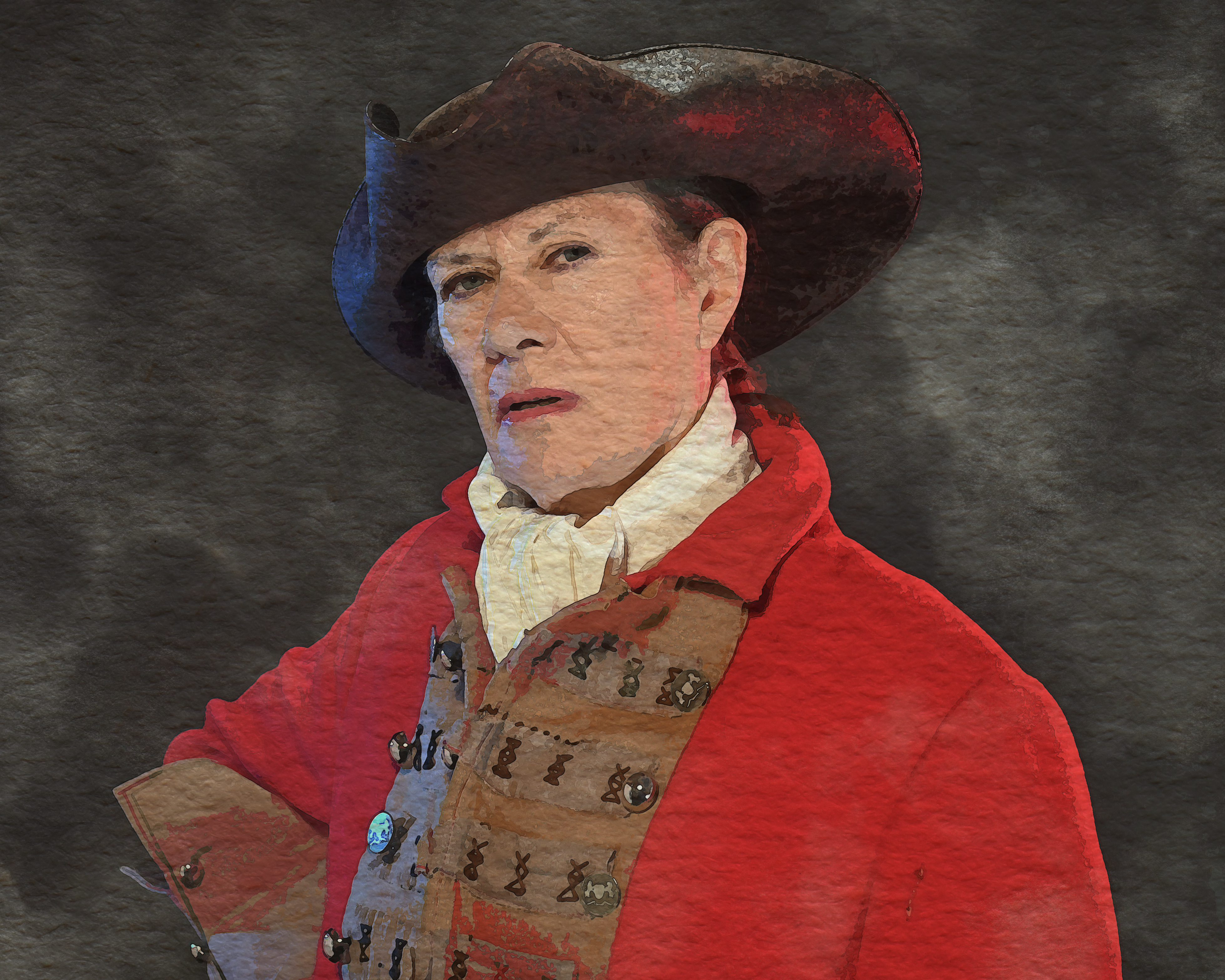 An image of Georgina Lock dressed in character of Hannah Snell, the female soldier. She is wearing a sailors hat and a bright red jacket.