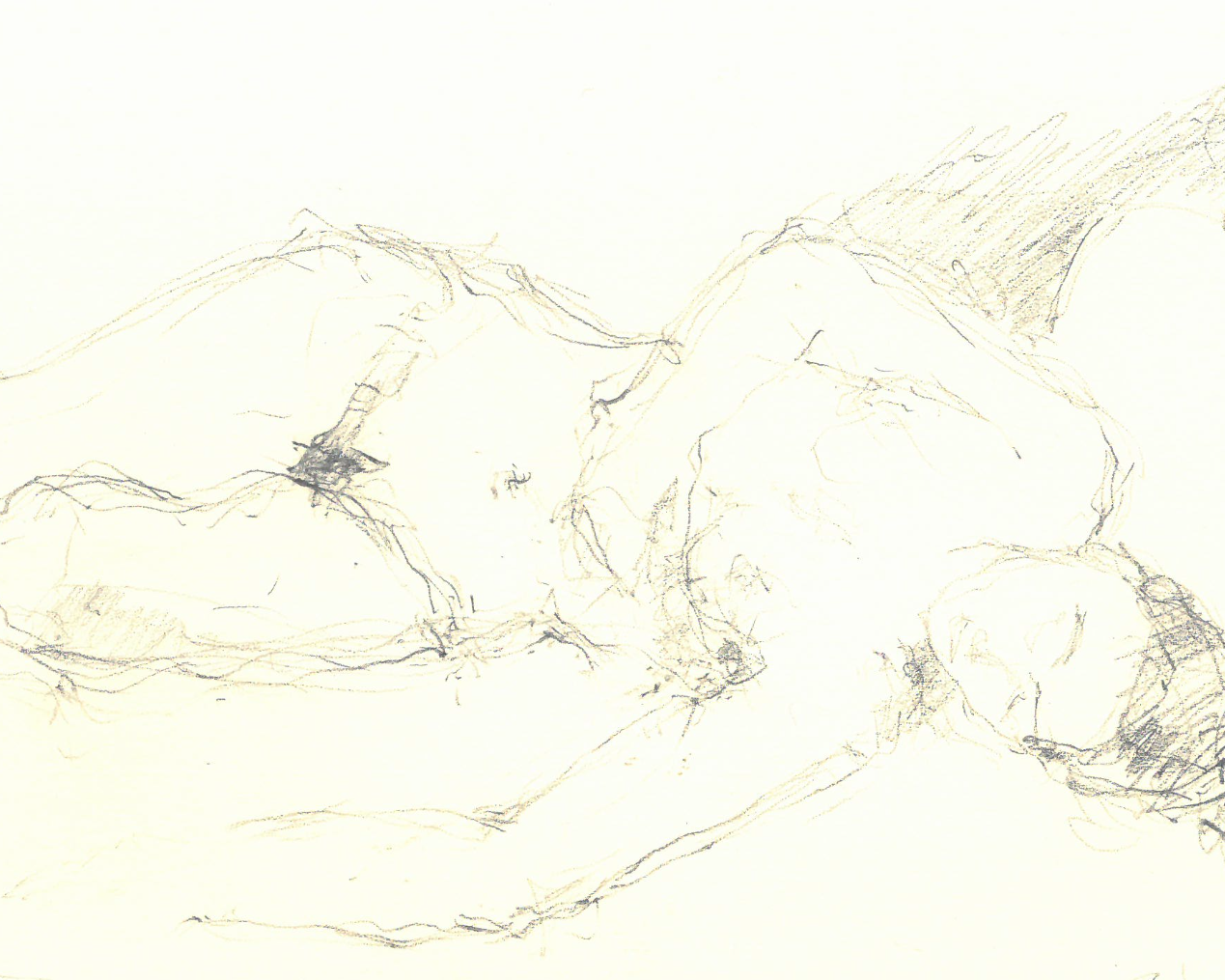 An image of a drawing of a life model. Pencil on paper.