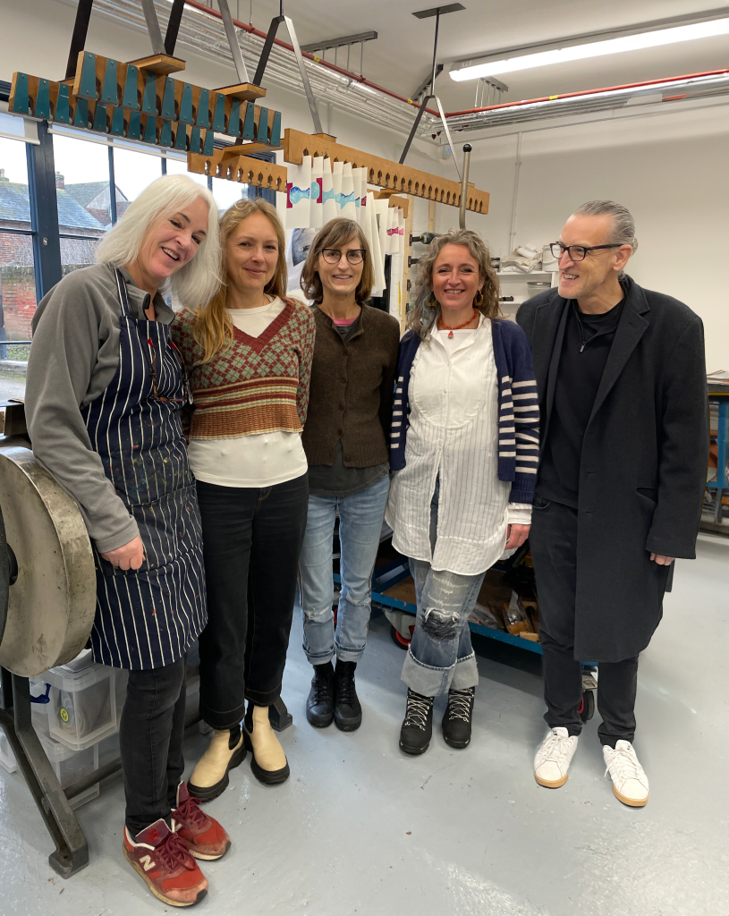 An image of Gainsborough's House Print Workshop Manager and Technicians. From left to right, Karina Savage, Patsy Rathbone, Sally Weatherill, Frin Arnold and Jason Hicklin.