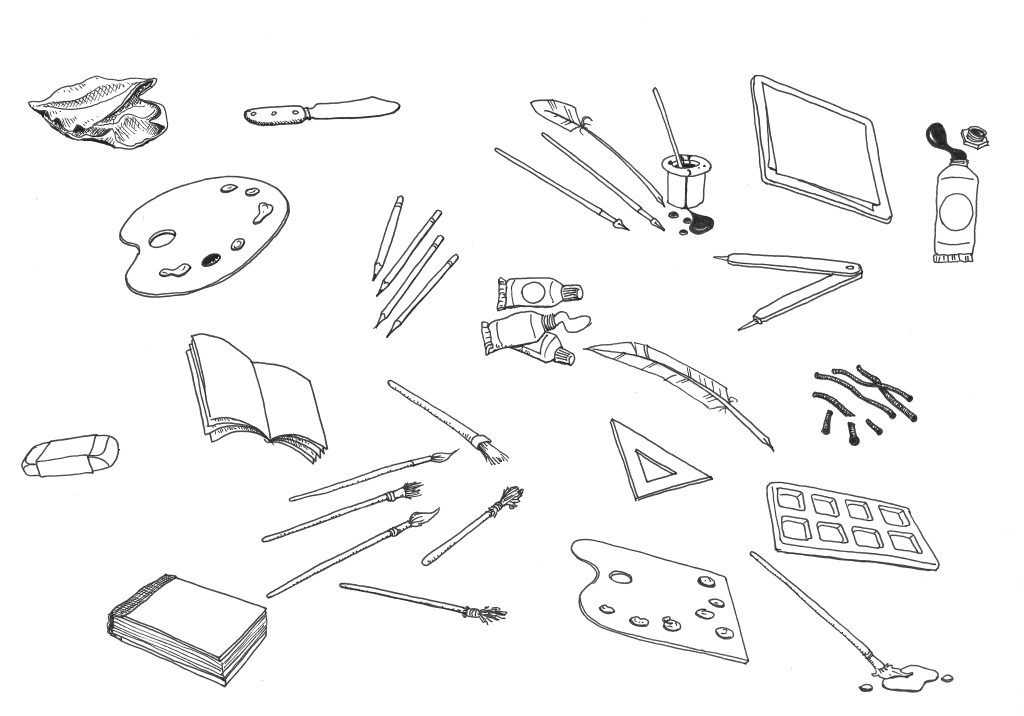 An image of various illustrations of art materials.