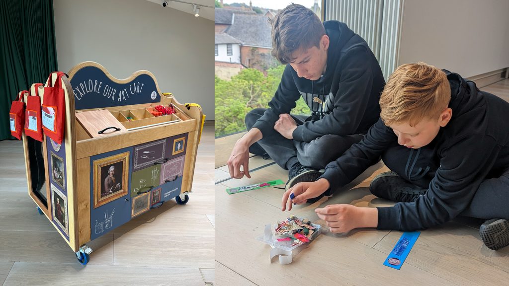 An image of two young visitors making crafts with activities from the Art Cart at Gainsborough's House. To the left, an image of the Art Cart can be seen shocasing numerous activities for children and families.