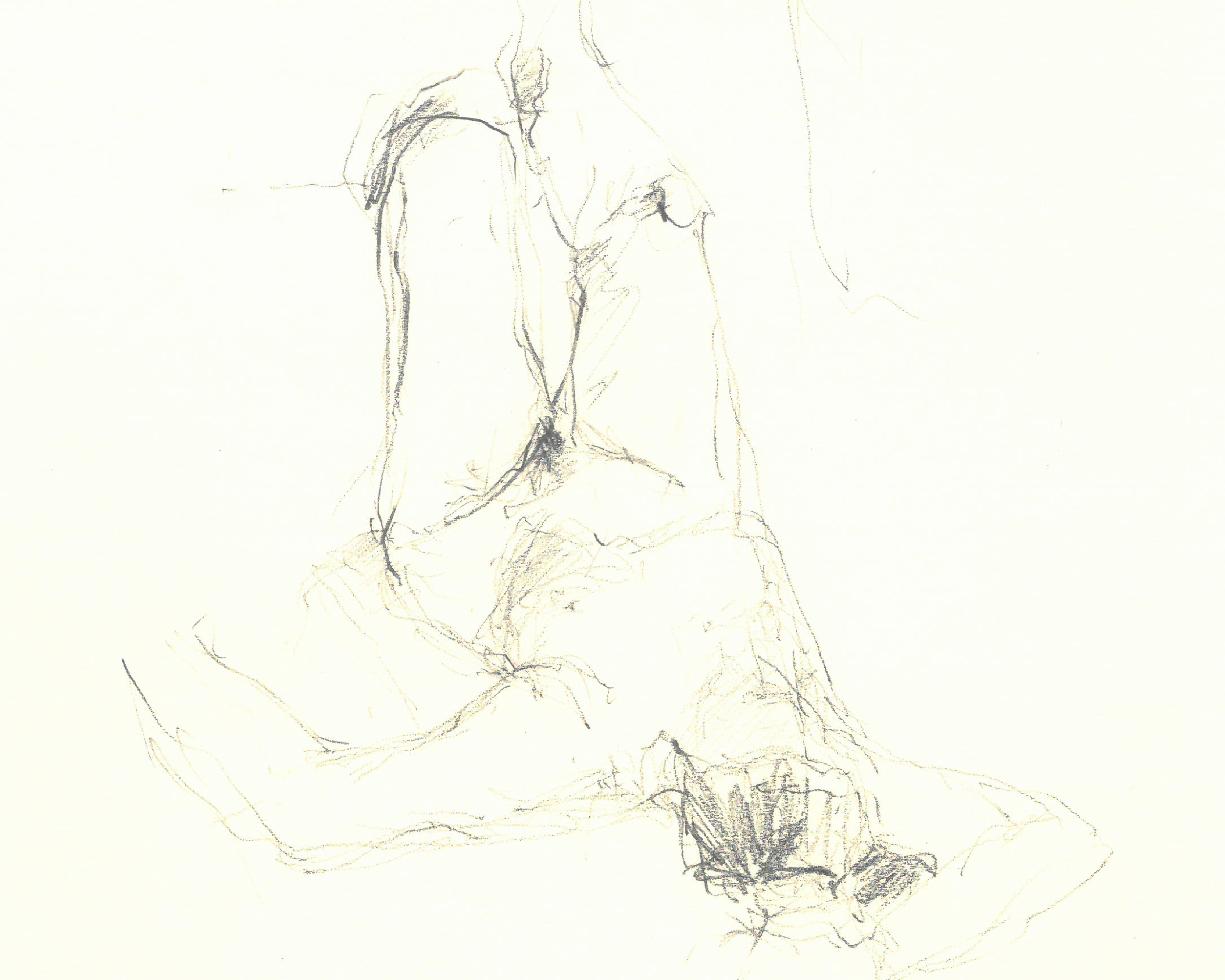 An image of a pencil drawing of a life model laying on their back with their feet up.
