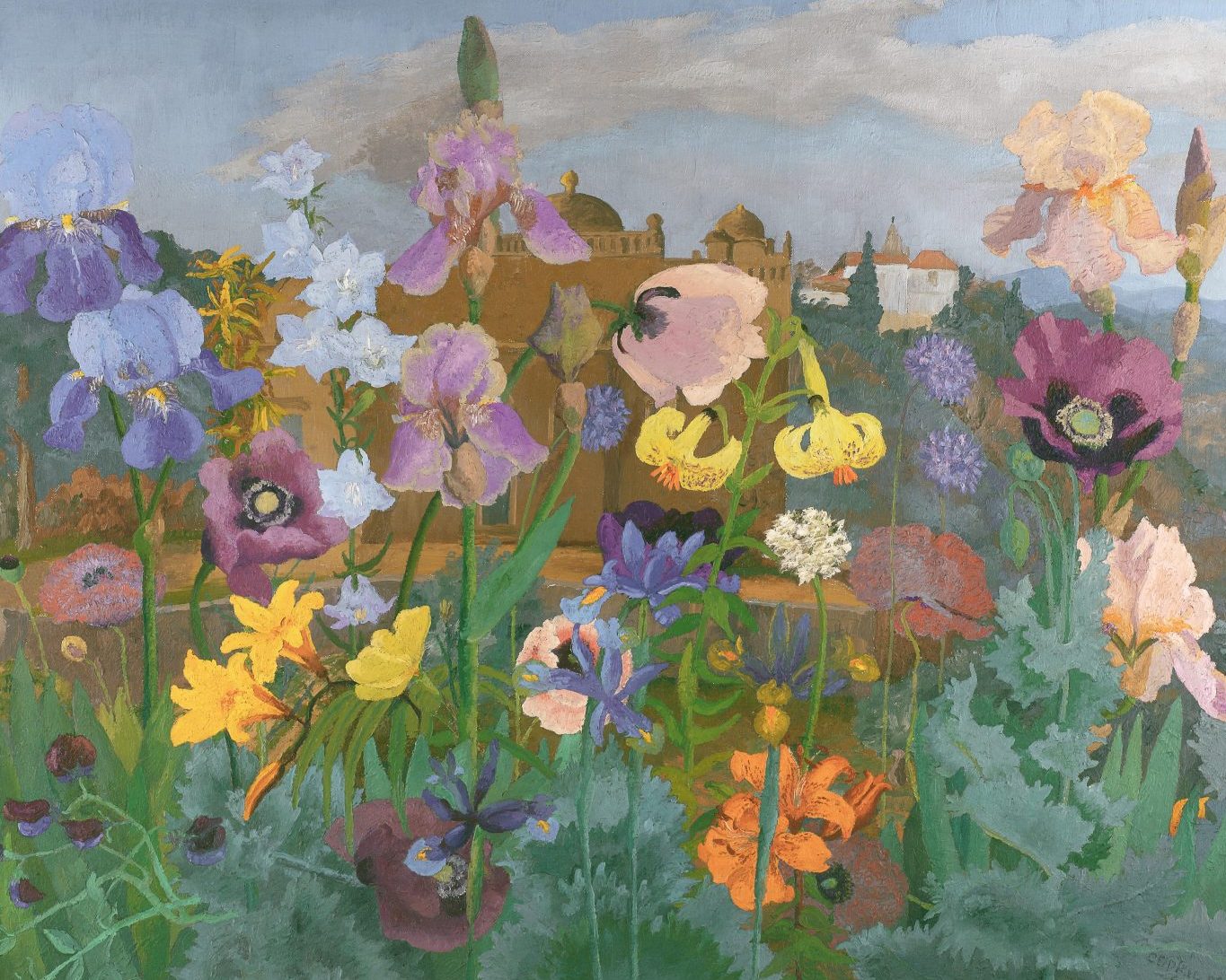 An image of a detail of the paining Flowers in a Portugese Landscape, by Cedric Morris. It dpeicts lots of european planting in a bright landscape.