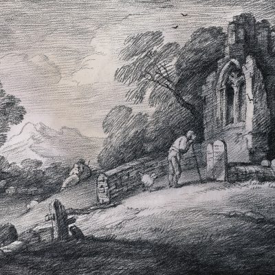 An image of the drawing Wooded Landscape with Peasant Reading a Tombstone, Rustic Lovers and Ruined Church [Second State] by Thomas Gainsborough.