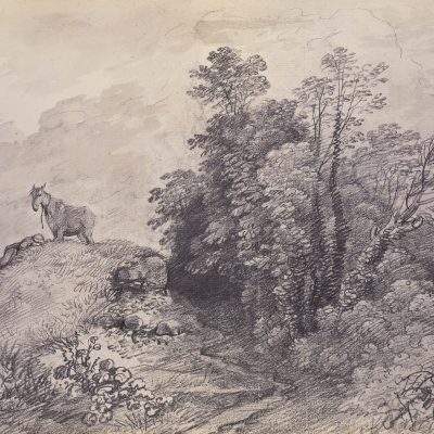 An image of the drawing Wooded Landscape with Horse and Boy Sleeping by Thomas Gainsborough.