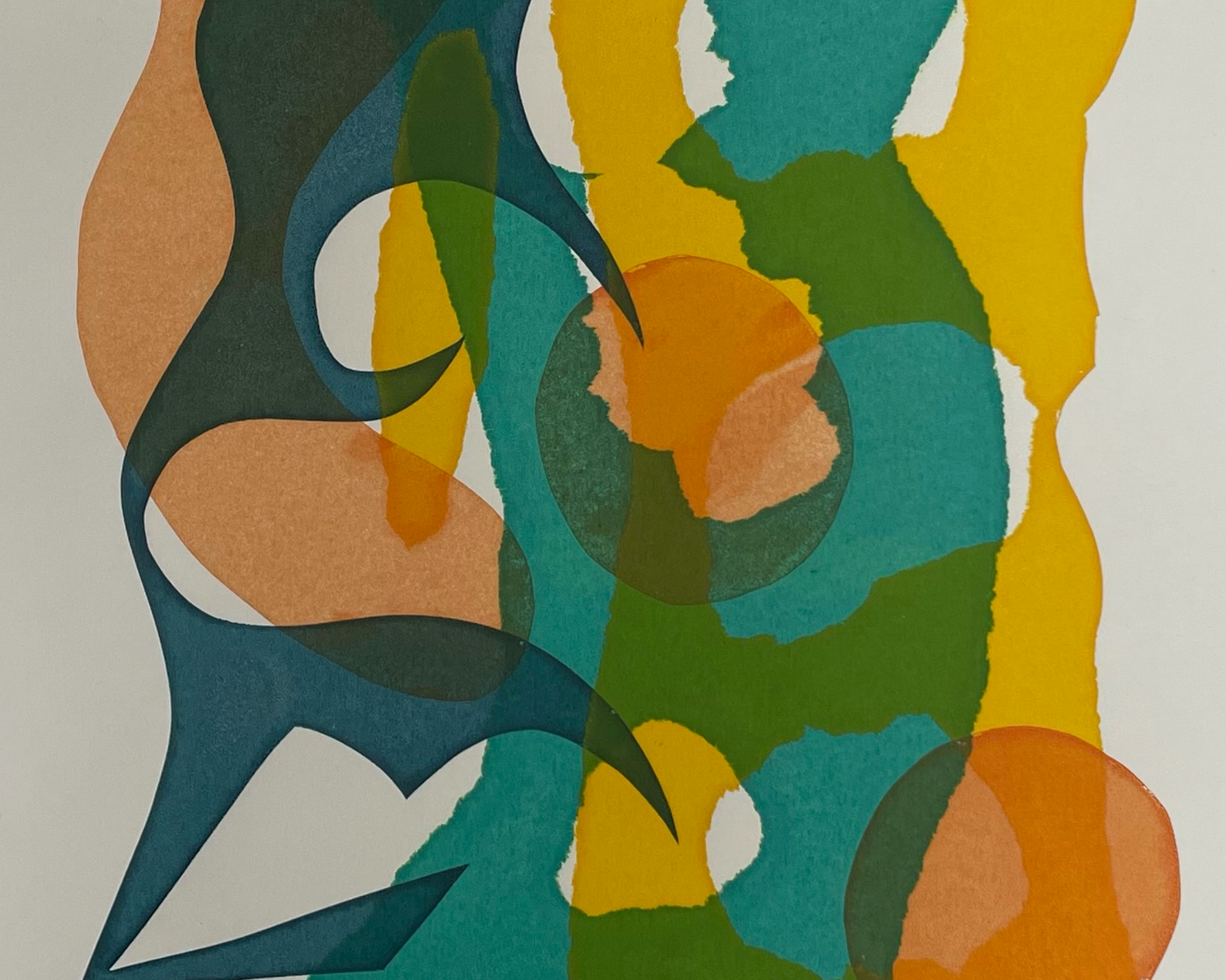 An image of a silk screen print using paper stencils. The main colours used are blue, teal, yellow and orange.
