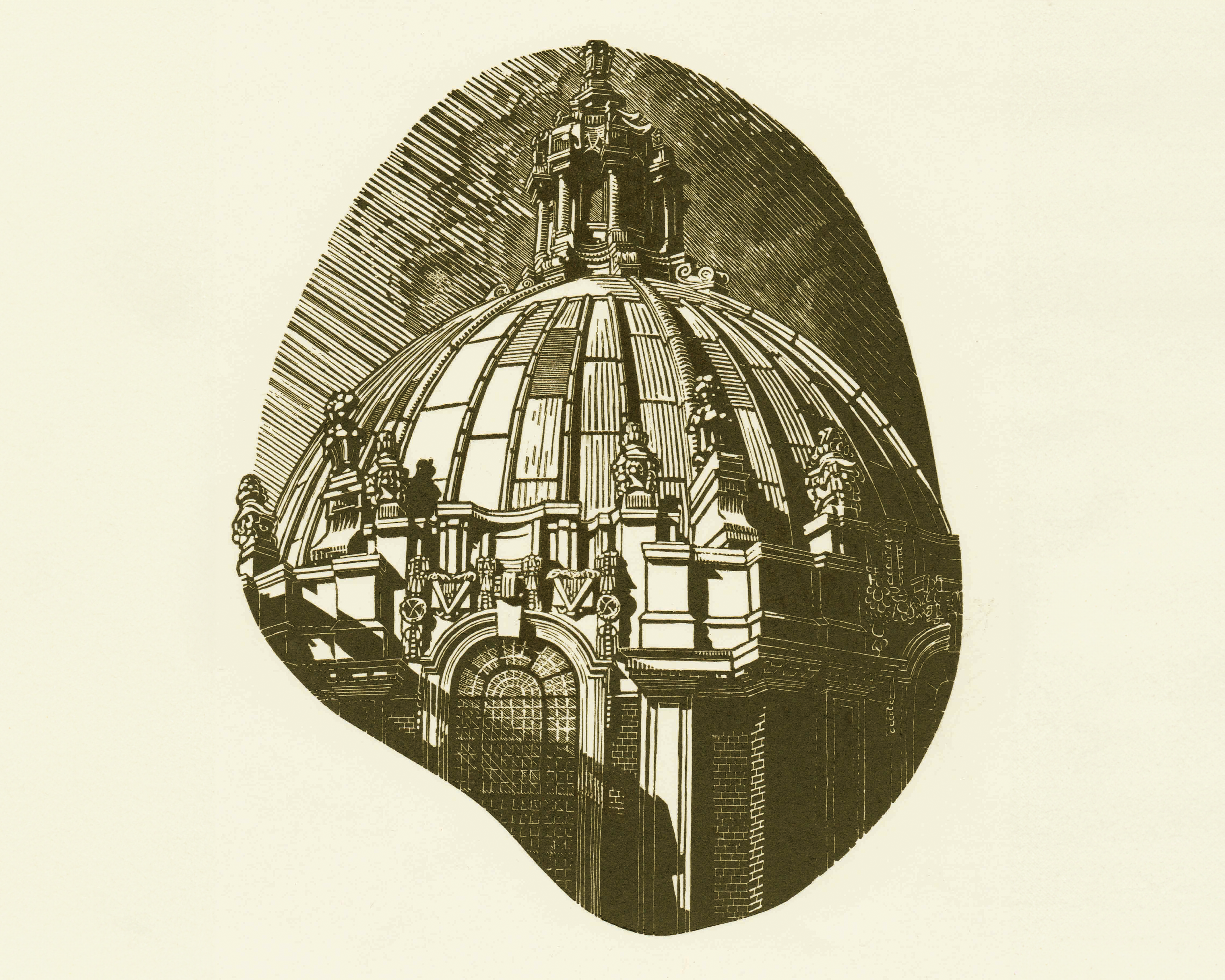 An image of a wood engraving by Anne Desmet of a library dome architectural detail.