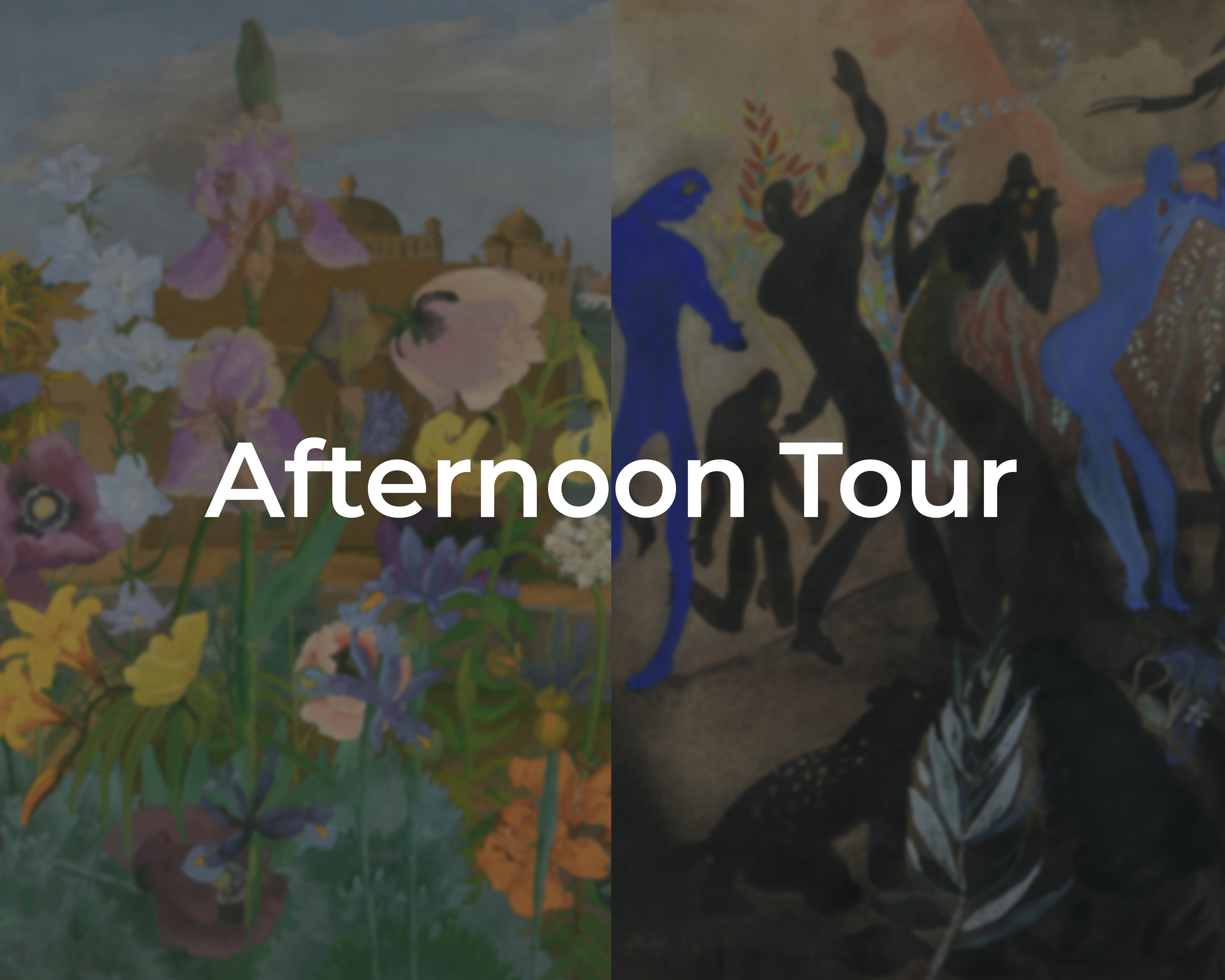 An image of a Cedric Morris's painting beside a drawing by Arthur Lett-Haines. Overlayed is text which reads: Afternoon Tour.