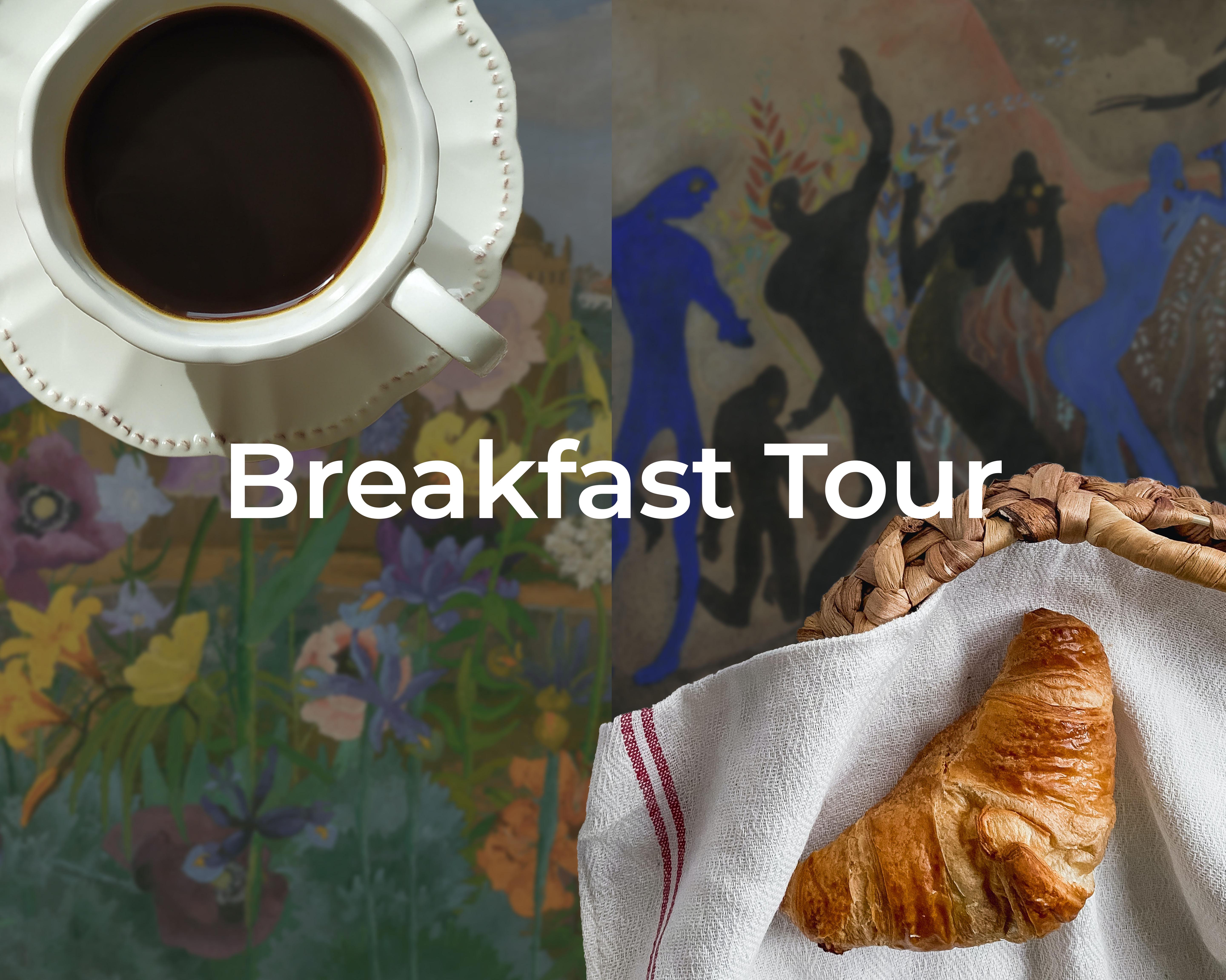 An image of a Cedric Morris's painting beside a drawing by Arthur Lett-Haines. Overlayed is text which reads: Breakfast Tour. There is also an image of a coffee and a croissant overlayed.