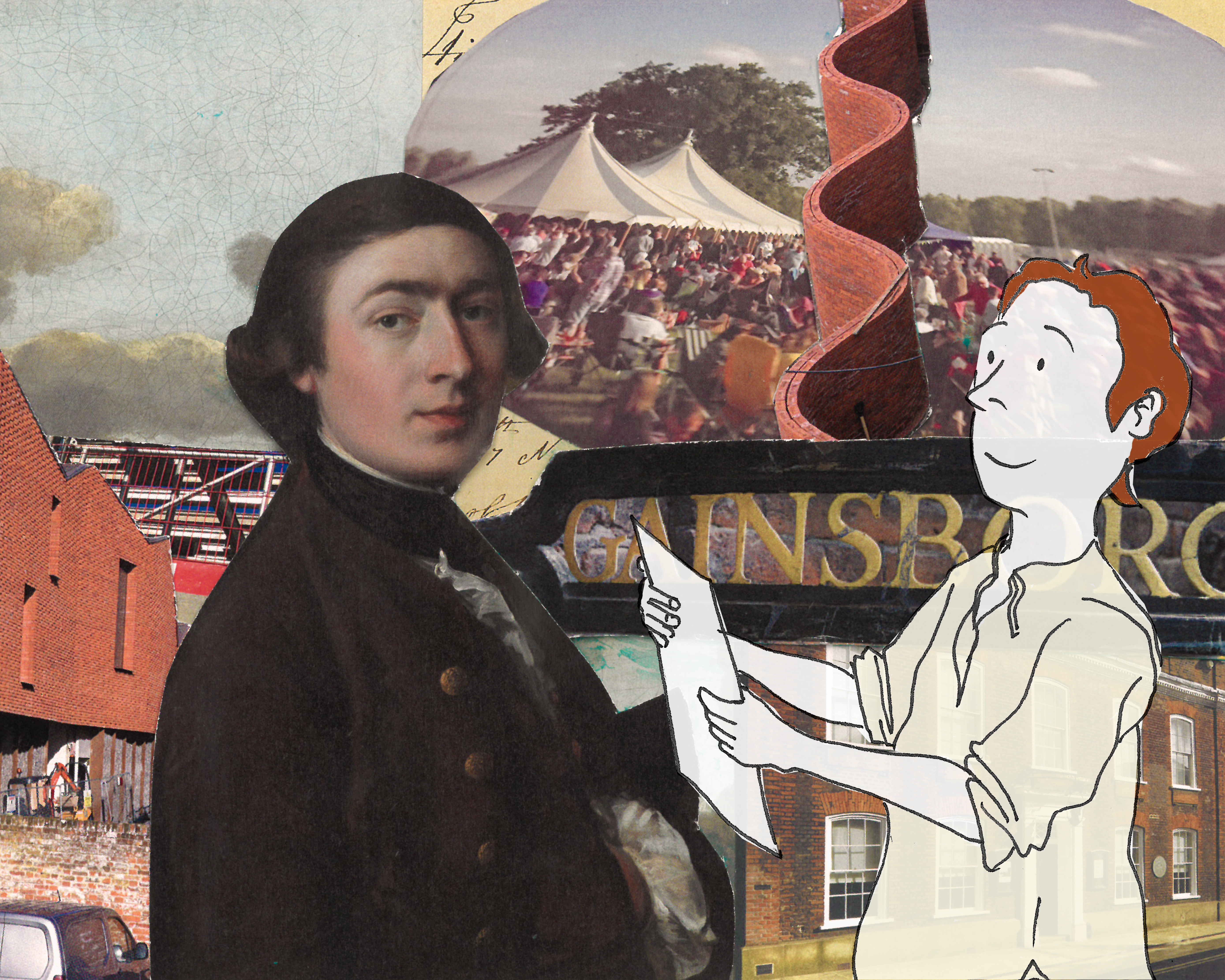 An image of a Gainsborough inspired art collage. Overlayed is a character illustration of Thomas Gainsborough.