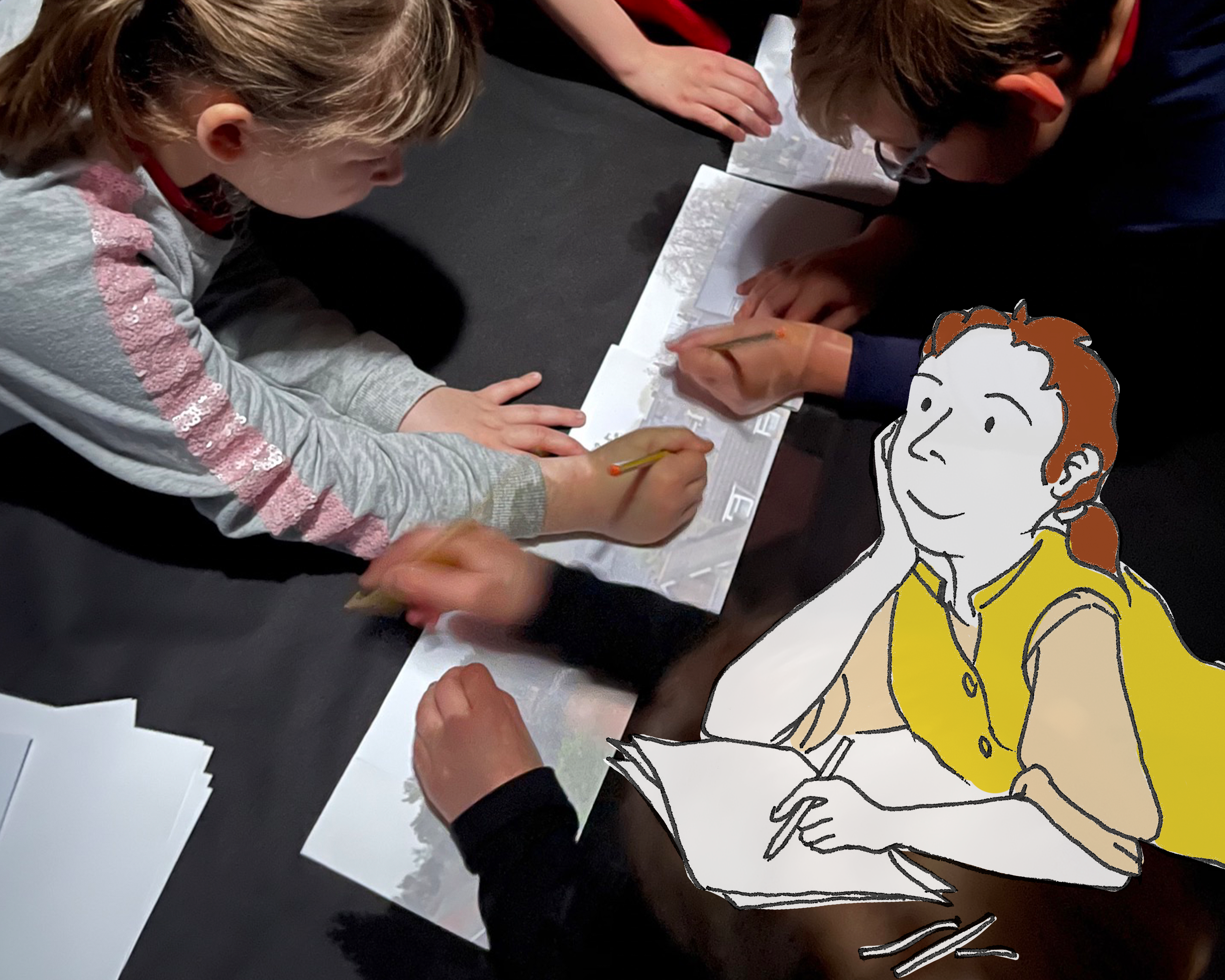 An image of children drawing with the Camera Obscure at Gainsborough's House. Overlayed is a character illustration of Thomas Gainsborough.