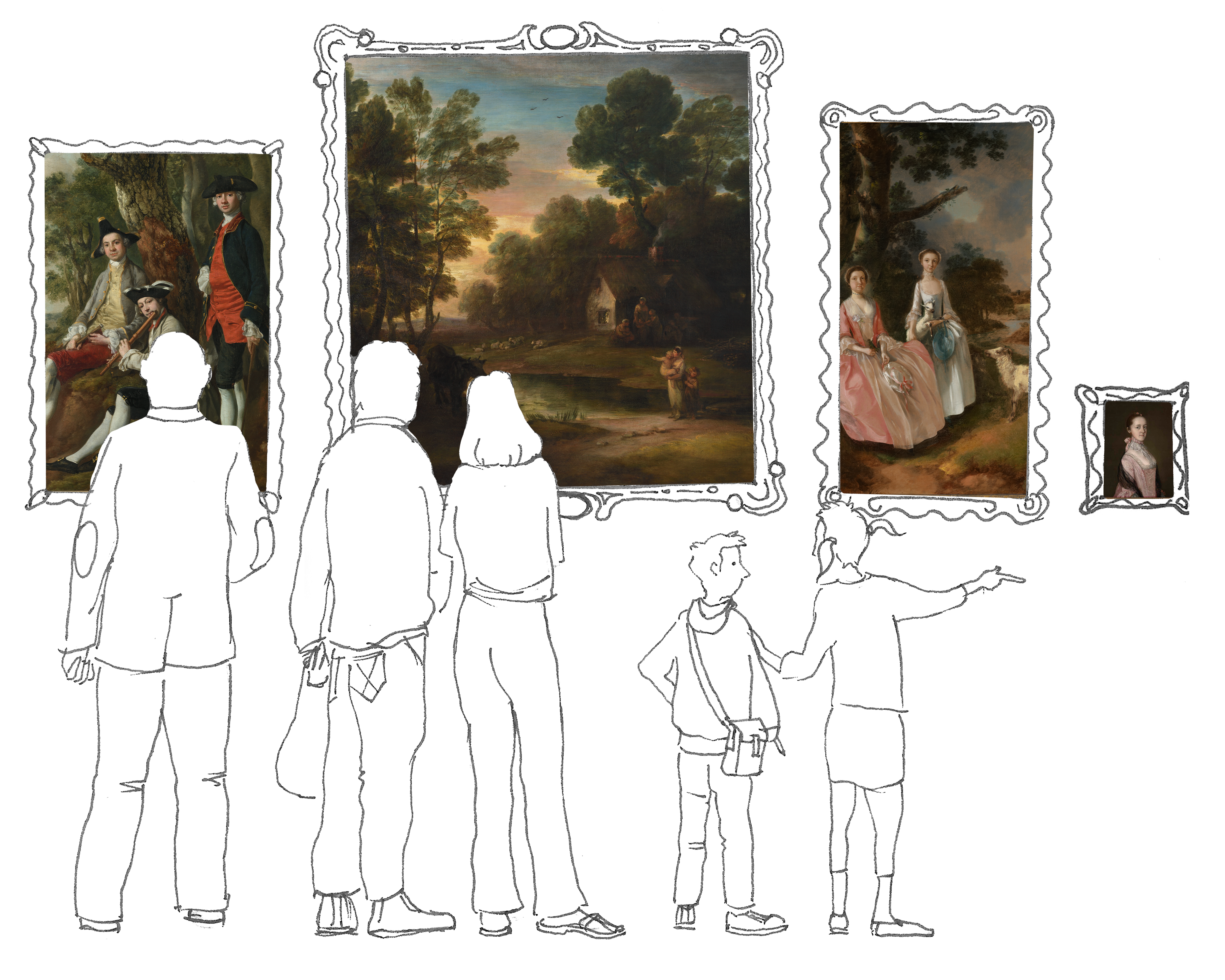 An illustration of four pieces of art on a blank wall. There are illustrated people stood in front of the paintings.