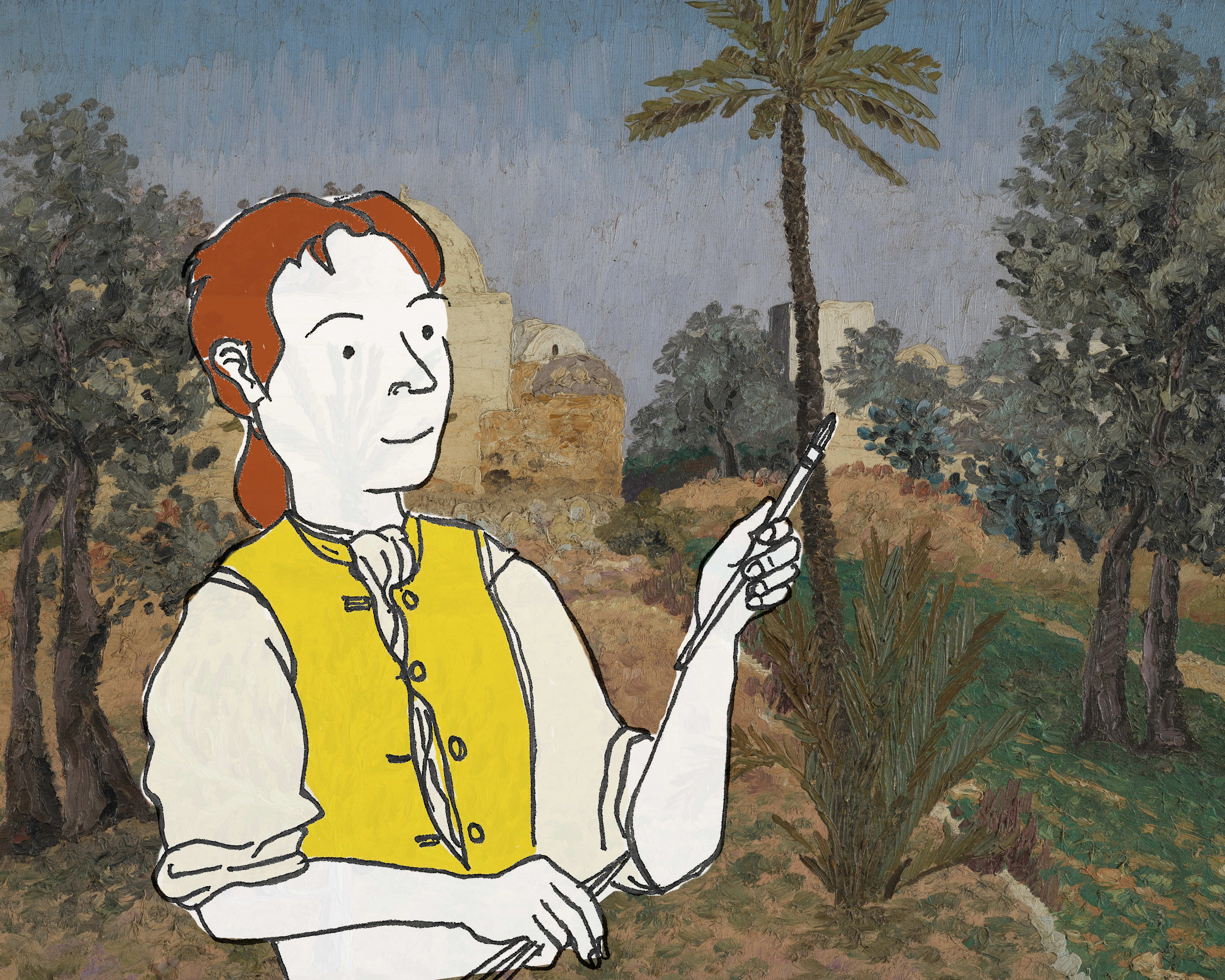 An image of the painting, Gardens in the Isle of Djerba by Cedric Morris. Overlayed is a character illustration of Thomas Gainsborough.