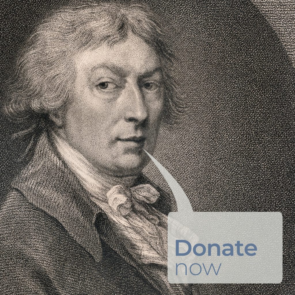 An image of the engraving, Thomas Gainsborough by Francesco Bartolozzi (1727–1815) after: Thomas Gainsborough (1727–88). Overlayed in the bottom right corner is a speech bubble with the words 'Donate now' in it.