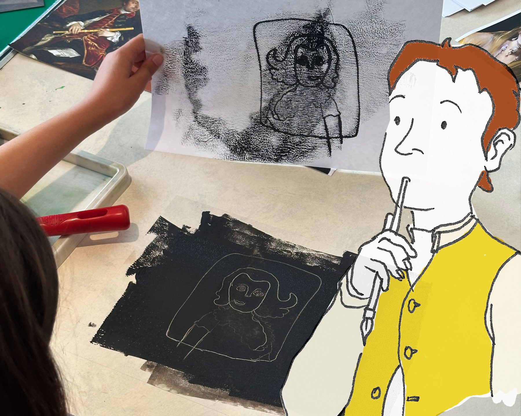 An image of a child creating a mono print portrait. Overlayed is a cartoon illustration of Thomas Gainsborough looking inquisitively at the print.